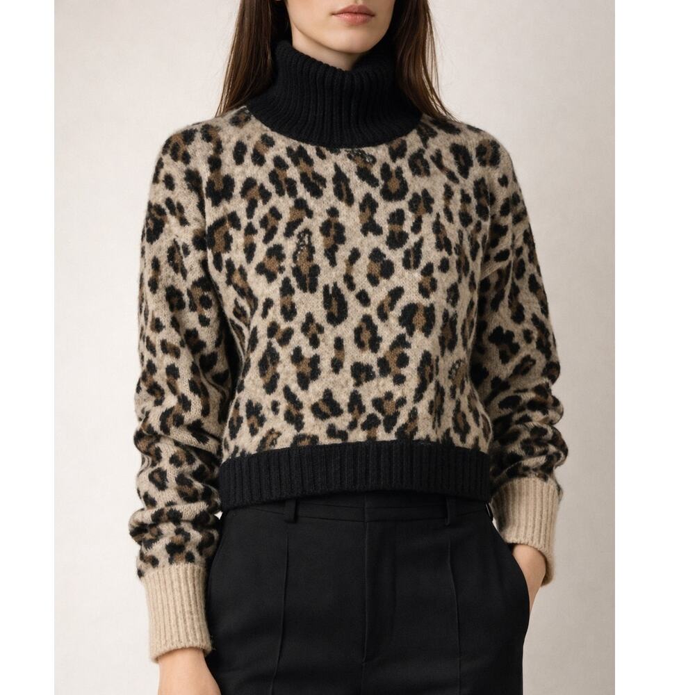 Sacai Leopard Print Alpaca Wool Sweater Medium Cropped Turtleneck Drawcord Hem